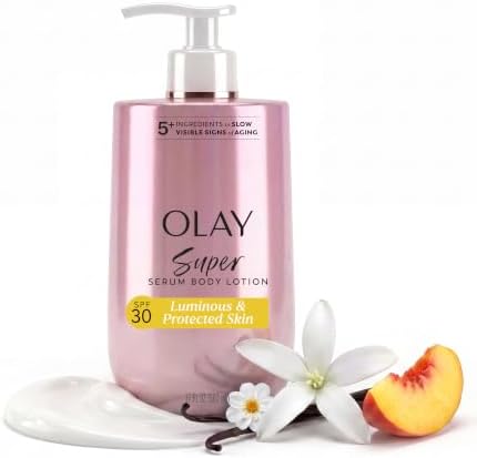 Olay Super Serum Body Lotion, SPF 30, Daily UV Protection, 24hr Long Lasting Hydration, 5+ Ingredient Complex for Bright Even Firm Luminous Skin, Prevents Aging, Peach & Sweet Cream Scent, 17 fl oz by Olay
