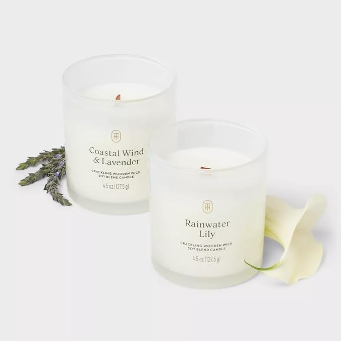 Threshold Milky Coastal Wind and Lavender and Rainwater Lily Scented lidded Glass Jar Candle, 4.5 oz, Gift Set of 2