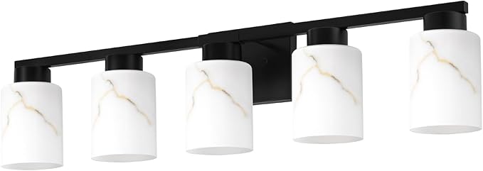 5-Light Bathroom Light Fixtures, Modern Vanity Lights, Black Metal Wall Lamp with White Marble Glass for Bathroom, Mirror, Living Room, Bedroom, Cabinet, Porch, Hallway, E26 Base