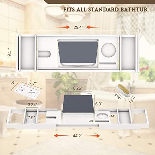 Bathtub Caddy Tray for Luxury Bath - Bamboo Waterproof Expandable Bath Table Over Tub with Wine and Book Holder and Free Soap Dish (White) - Image 6