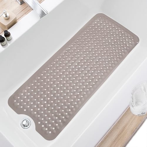 TEESHLY Bath Tub and Shower Mats, Non Slip 40 x 16 Inch Extra Long Bathtub Mat, Machine Washable Bathmat with Drain Holes, Suction Cups for Bathroom Floor, Tan by TEESHLY