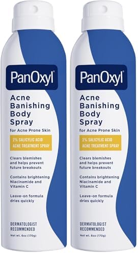 PanOxyl Acne Banishing Body Spray with 2% Salicylic Acid, Pimple Treatment to Clear Stubborn Breakouts, 360-Degree Spray Nozzle, Skin-Brightening Niacinamide, Vitamin C, Witch Hazel, Aloe, 6 Oz by PanOxyl