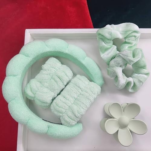 Spa Headband Set Washing and makeup sponge hair hoop suit bath towel cloth for cleaning the face or bath beam. (Green, Average code) - Image 5