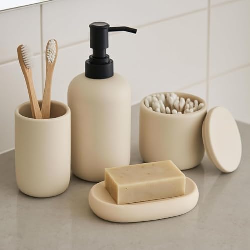 Ava Nord Modern Minimalist Ceramic Bathroom Accessories | Set of 4 | Cream by AvaNord