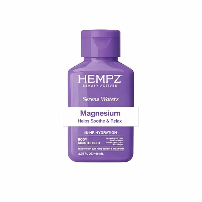Hempz Mini Magnesium Body Lotion for Sleep & Relaxation, Hydrating Lotion with Arnica, & Shea Butter, Calming Nighttime Moisturizer for Muscle Relief & Soft Skin, Serene Waters Scent, 2.25 oz