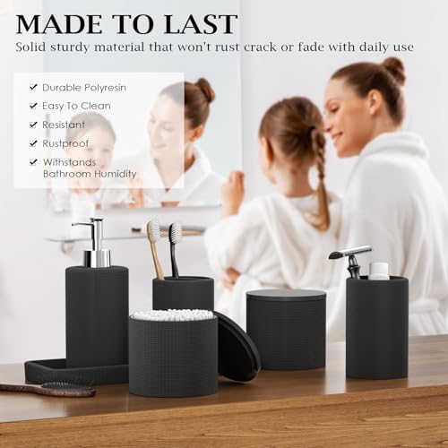 6-Piece Black Bathroom Set - Mesh Textured Resin Bathroom Accessories Set with Soap Dispenser, Toothbrush Holder, Cup, Vanity Tray & Apothecary Jars for Small Spaces - Image 3