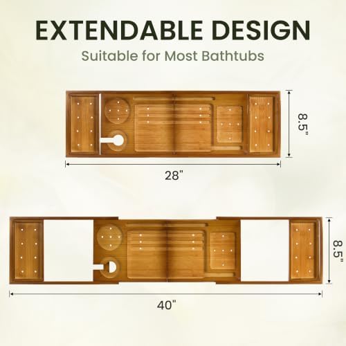 Bamboo Bathtub Tray - Luxury Bath Tray with Expandable Handles, Wine Glass and Phone Holders, Book Stand - Perfect for Home Spa Relaxation and Reading - Natural Bath Accessories - Brown Color - Image 3