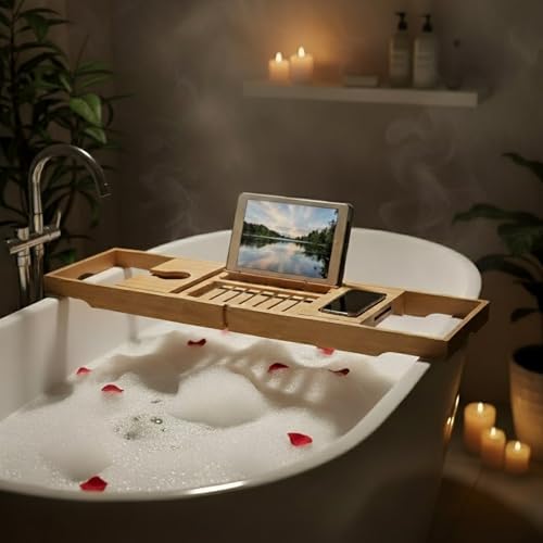 Bamboo Bathtub Caddy Tray with Extending Wood Sides -Fits Any Bath, Hot Tub and Jacuzzi - Image 2
