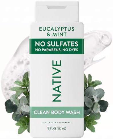 Native Clean Body Wash for Women and Men, Eucalyptus and Mint Scent, Gentle & pH-balanced for Sensitive Skin, Sulfate & Paraben Free Cleanser, Contains Plant-Based Ingredients, Cruelty-Free, 18 fl oz by Native