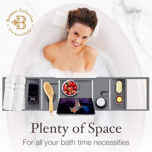 Bathtub Tray for Tub - Grey Bamboo Bath Caddy Tray, Expandable Wood Bathtub Caddy with Wine Glass Holder, Book and Tablet Stand, Bath Accessories, Spa Tub Table, Relaxation Gifts for Women and Mom - Image 6