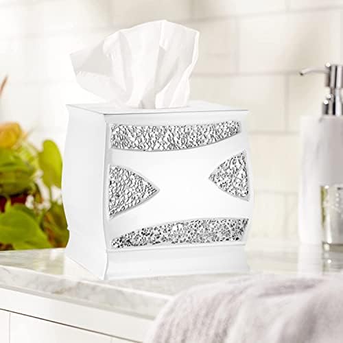 Zahari Home 2pc Sinatra White Modern Bath Accessories Set Waste Basket & Tissue Box Modern Decorative Beautiful Designs Bathroom Decor Set for Home Luxury Bath Set Mosaic Glass - Image 3