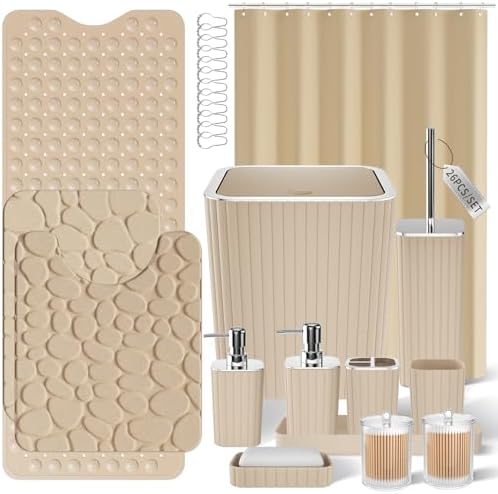 XLHOMO 26PC Bathroom Accessories Set - Gorgeous Bathroom Set, Beige Bathroom Accessory Set, Shower Curtain Set with Bathtub Mats for Shower Tub, Trash Can & Soap Dispenser by BetterbathroomwithXLHOME