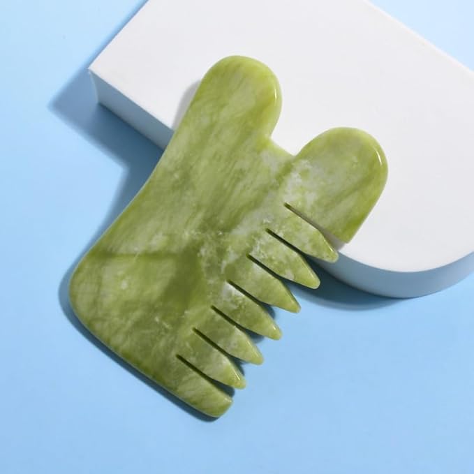 Gua Sha Comb Tool, Natural Green Jade Stone Scalp Massage Comb, Facial GuaSha Tool for Lift and Puffiness, Jade Gua Sha Scraping Therapy Massager for Full Body Relax