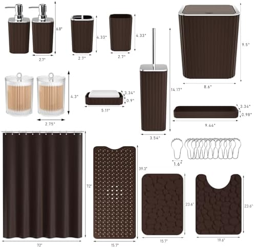 XLHOMO 26PC Bathroom Accessories Set - Gorgeous Brown Bathroom Set, Bathroom Accessory Set, Shower Curtain Set with Bathtub Mats for Shower Tub, Trash Can & Soap Dispenser - Image 3