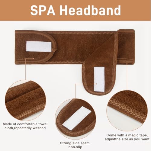 Whaline 4Pcs Spa Facial Headbands Make Up Wrap Head Terry Cloth Headband Soft Adjustable Towel Band for Face Washing Shower Facial Cover Yoga (Coffee) - Image 3