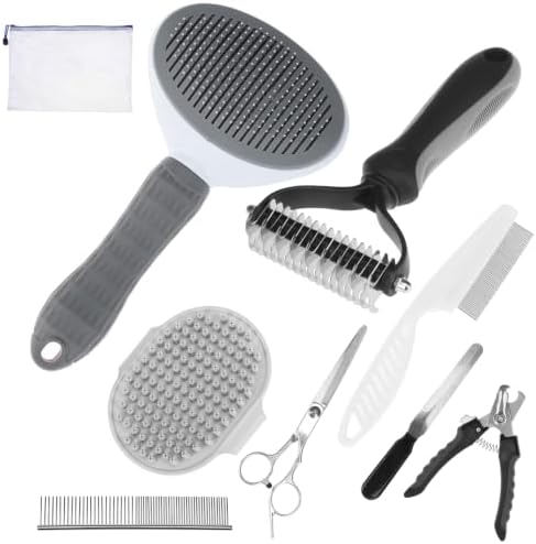 PAWCHIE Bath Grooming Kit for Pets, 9 PCS Hair Brush Set with Towel,Washing Gloves,Bath Brush and Adjustable Handle Shampoo Brush & Scrubber for Short Long Haired Dogs and Cats,Dog Bath Supplies, Grey by PAWCHIE