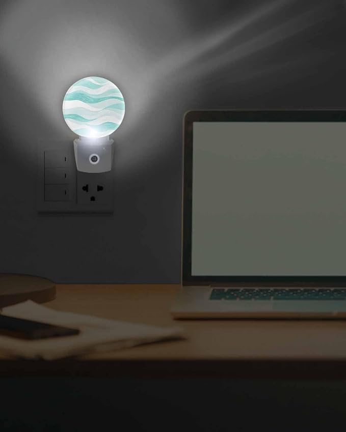 Night Lights Auto Sensor Turquoise Ocean Waves Night Light Abstract Mountain Stripes Round Lamp Plug-in LED Nightlights Dusk to Dawn for Living Room Bedroom Bathroom Hallway Wall Decor