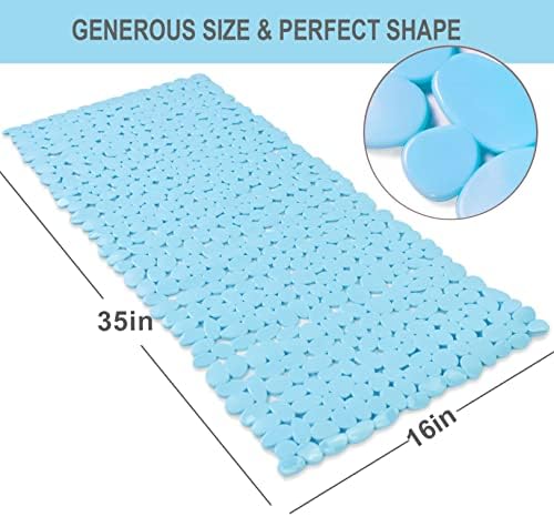 Bathtub Mat Non Slip Pebble Bath Shower Mat 35"X16" with Suction Cups,Blue - Image 2