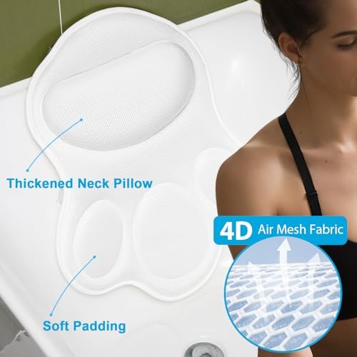 Bath Pillows for Tub Neck and Back Support - Upgraded Non-Slip Rubber Backing & 6 Suction Cups, 4D Air Mesh Spa Bathtub Cushion for Head Rest, Machine Washable with Laundry Bag & Hook(White) - Image 4