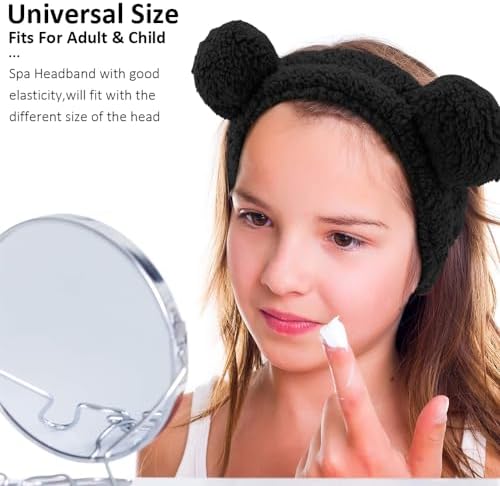 AHONEY Spa Bear Ears Headband, Face Wash Headband and Wristband Set, Cute Makeup Skincare Fluffy Headbands Wrist Bands for Washing Face Elastic for Women Girls Cosmetic (Black) - Image 3