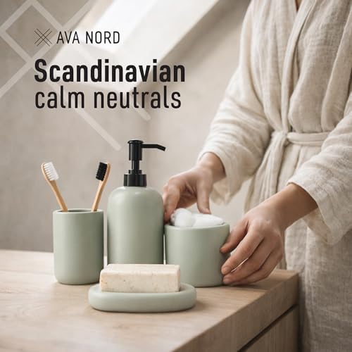 Ava Nord Modern Minimalist Ceramic Bathroom Accessories | Set of 4 | Green - Image 5