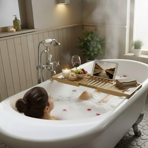 Bamboo Bathtub Caddy Tray with Extending Wood Sides -Fits Any Bath, Hot Tub and Jacuzzi - Image 7