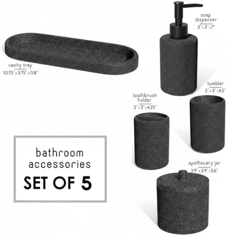 Clara Clark Bathroom Set - Coal Black Bathroom Accessories Set, 5PC Bathroom Accessory Set, Bathroom Sets with Soap Dispenser, Toothbrush Holder, Tumbler, Cotton Swab Jar & Vanity Tray - Image 2
