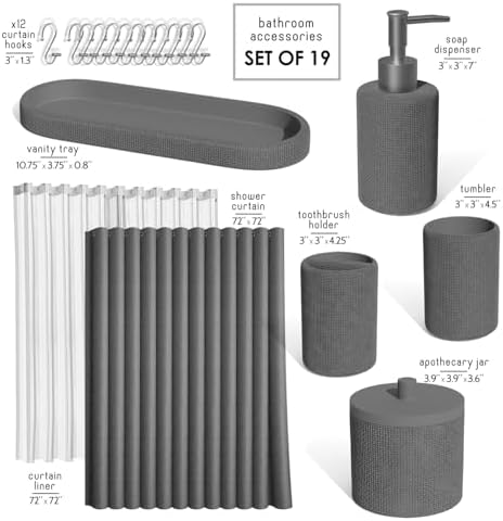 Clara Clark Bathroom Set - Grey Bathroom Accessories Set, 19PC Bathroom Accessory Set, Bathroom Sets with Shower Curtain Set, Soap Dispenser & Toothbrush Holder - Image 2