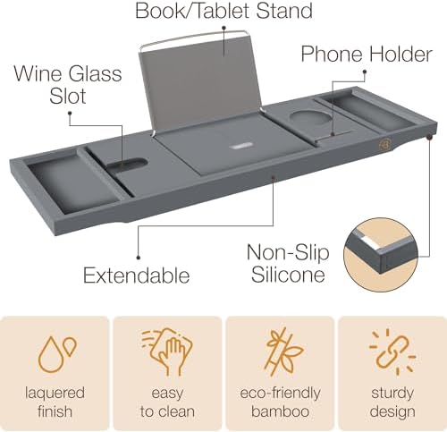 Bathtub Tray for Tub - Grey Bamboo Bath Caddy Tray, Expandable Wood Bathtub Caddy with Wine Glass Holder, Book and Tablet Stand, Bath Accessories, Spa Tub Table, Relaxation Gifts for Women and Mom - Image 4