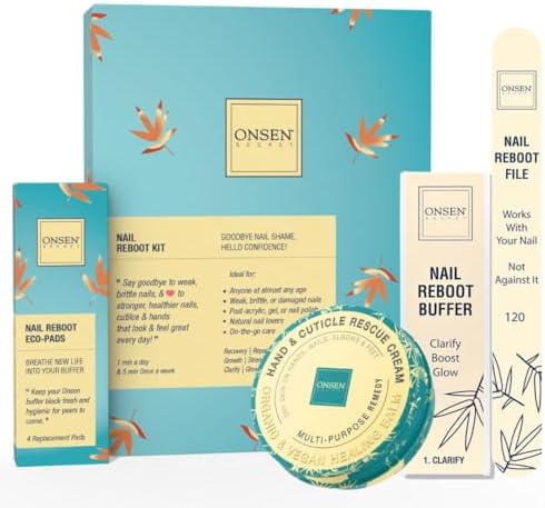 ONSEN Secret Essential Nail Reboot Kit with Hand & Cuticle Rescue Cream | Buffer Block, Professional File, Replacement Pads and Repair Cream for Strong, Healthy, Shiny Natural Nails at Home by OnsenSecret