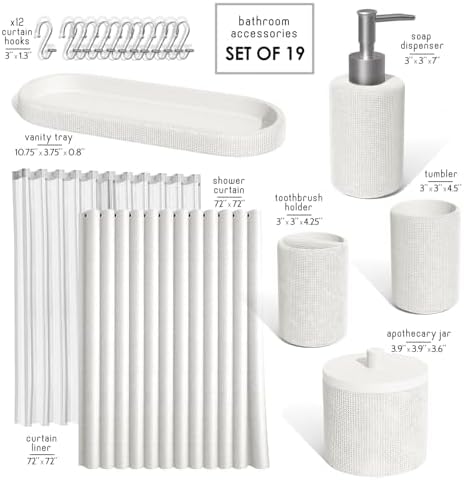 Clara Clark Bathroom Set - White Bathroom Accessories Set, 19PC Bathroom Accessory Set, Bathroom Sets with Shower Curtain Set, Soap Dispenser & Toothbrush Holder - Image 2