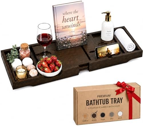 Bambüsi Bathtub Tray for Tub - Brown Bamboo Bath Tray, Expandable Wooden Bath Caddy Tray with Wine Holder, Book and Tablet Stand, Bathroom Accessories, Tub Table, Spa Bath Gifts for Women and Couples by Bamb%C3%BCsi