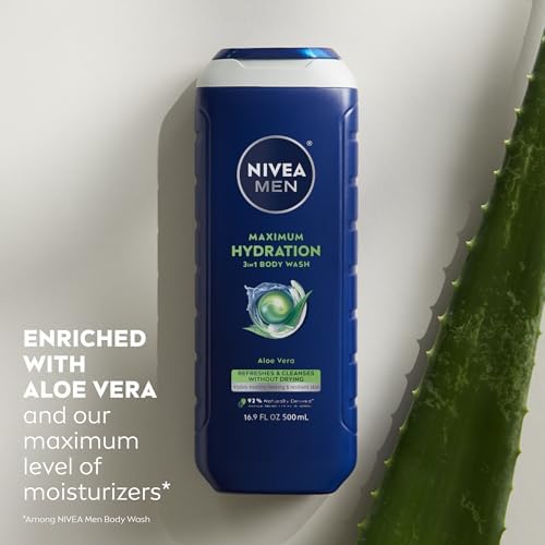 NIVEA MEN Maximum Hydration Body Wash for Dry Skin, Aloe Vera Enriched, 3-in-1 Moisturizing Body Wash, Face and Hair, Paraben Free, Vegan Formula, 16.9 Fl Oz Bottle - Image 4