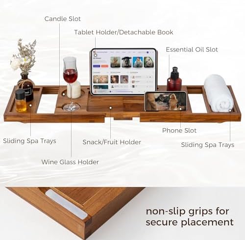 Teak Bathtub Tray for Tub, Expandable Bath Tray 28–40in, Foldable Bathtub Caddy with Wine Glass Holder, Phone & Book Stand, Wooden Bath Tray Organizer, Luxury Bathroom Accessories Gift - Light Walnut - Image 5