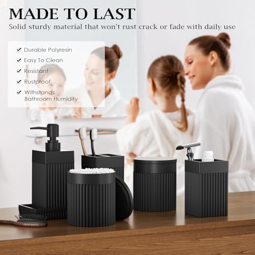 6-Piece Black Bathroom Set - Sleek Resin Organizer with Soap Dispenser, Toothbrush Holder, Vanity Tray, Tumbler & Apothecary Jars for Small Spaces - Image 3