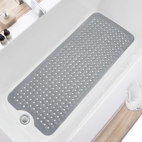 TEESHLY Bath Tub and Shower Mats, Non Slip 40 x 16 Inch Extra Large Bathtub Mat, Machine Washable Bathmat with Drain Holes, Suction Cups for Bathroom Floor, Gray by TEESHLY
