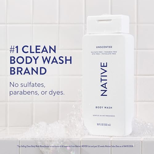 Native Clean Body Wash, Gentle & pH-balanced for Sensitive Skin, 24-Hr Freshness for Women & Men, Vegan & Cruelty-Free, Free of Sulfates & Parabens, Unscented, 18 fl oz - Image 2