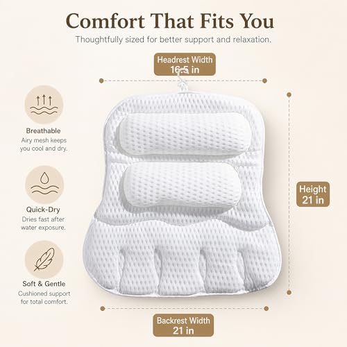 Luxury Bath Pillow for Tub, with 10 Strong Suction Cups, Non-Slip Bathtub Pillow for Head Neck & Back Support, Extra Large 21” Spa Bath Pillow, 4D Air Mesh Quick-Dry, Gift for Women(White) - Image 3