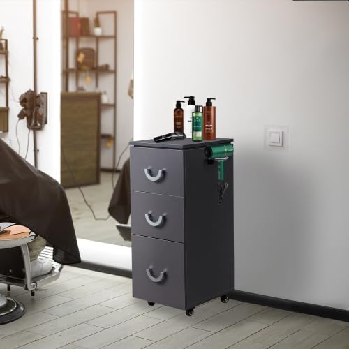 OmySalon Salon Cart with Wheels, 3-Tier Rolling Hair Styling Station w/Heat-Resistant Holder, Lockable Casters & 3 Drawers, Mobile Beauty Storage Organizer for Salon, Barber, Spa, Tattoo, Black