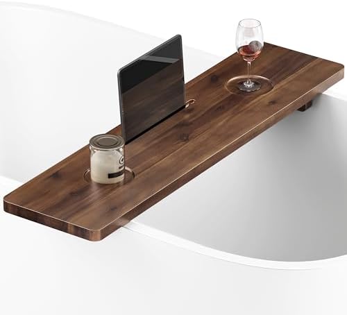 TINAMO 35”L Wood Bathtub Tray with Wine and Tablet/Phone Slot, Walnut Color by TINAMO