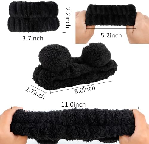 AHONEY Spa Bear Ears Headband, Face Wash Headband and Wristband Set, Cute Makeup Skincare Fluffy Headbands Wrist Bands for Washing Face Elastic for Women Girls Cosmetic (Black) - Image 4