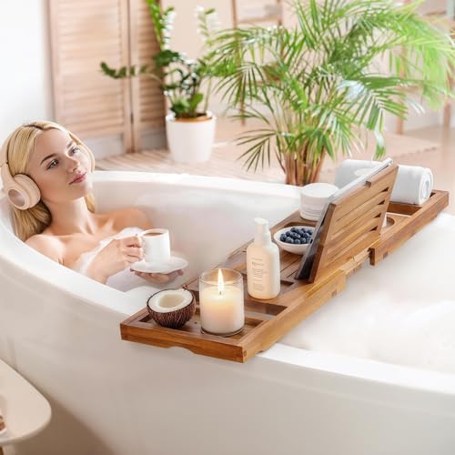 Teak Bathtub Tray for Tub, Expandable Bath Tray 28–40in, Foldable Bathtub Caddy with Wine Glass Holder, Phone & Book Stand, Wooden Bath Tray Organizer, Luxury Bathroom Accessories Gift - Light Walnut - Image 2