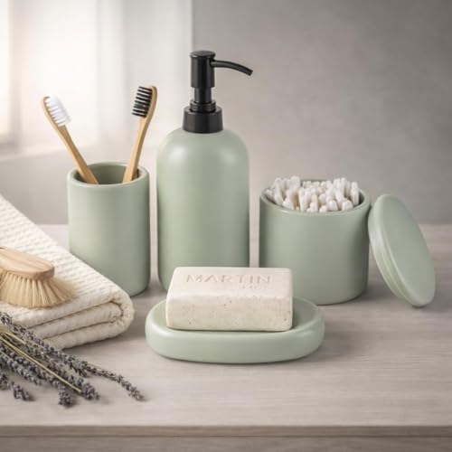 Ava Nord Modern Minimalist Ceramic Bathroom Accessories | Set of 4 | Green by AvaNord