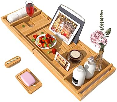 Bath Caddy Tray for Bathtub - Bamboo Adjustable Organizer Tray for Bathroom with Free Soap Dish Suitable for Luxury Spa or Reading by Bamfan