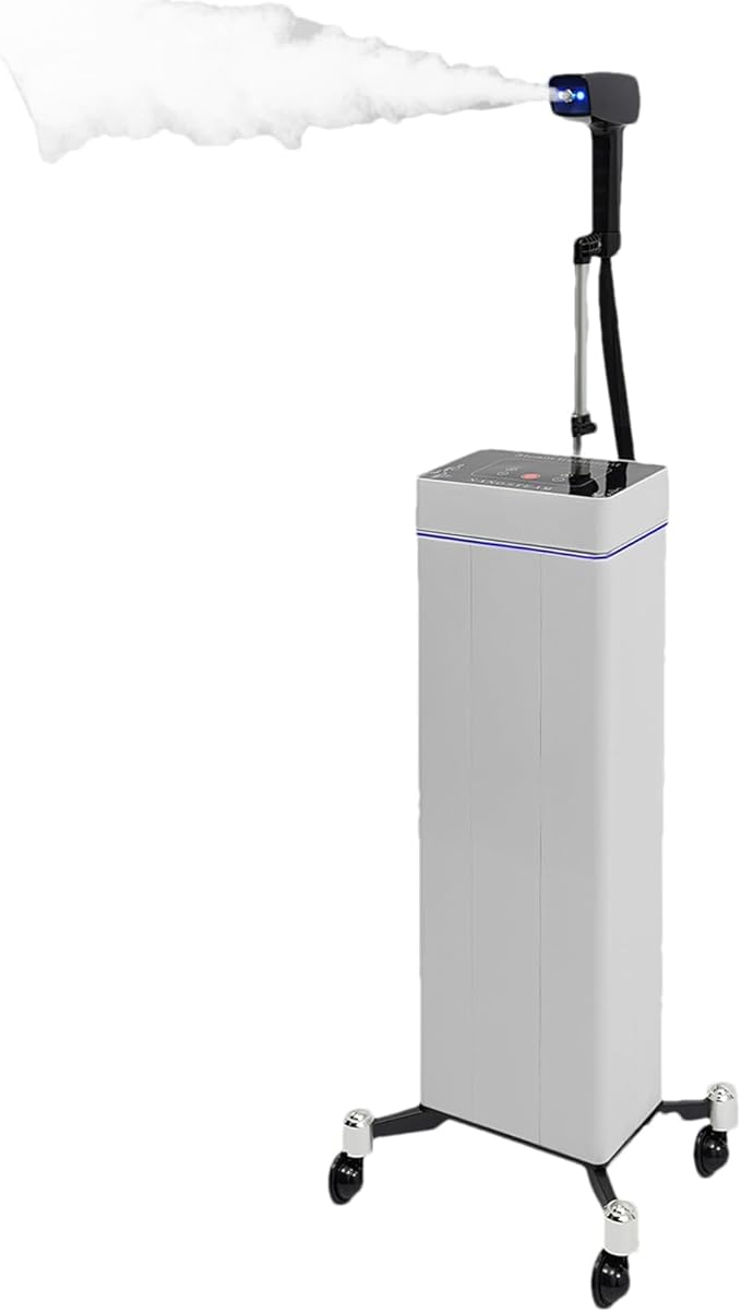 3 In 1 Standing Nano Hair Steamer Heated Micro Mist Spray Negative Ion Blue Light Hair Care Nanoscale Steamer for Deep Conditioning with Removable Nozzle & Wheels, 10 Levels Fog Output, 0.13Gal Tank