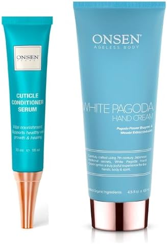 Onsen Secret Cuticle Conditioner Cream 30ml & Japanese Anti-Aging Firming Hand Lotion 135ml Bundle. Cuticle Oil Nail Care Serum Sooth, Repair & Strengthen Cuticles & Nails + Anti Aging Hand Cream by OnsenSecret