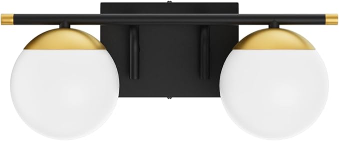 Ralbay Black and Gold Bathroom Vanity Light 2-Light Mid Century Modern Vanity Light Fixtures Black Milky Glass Globe Wall Light for Bathroom
