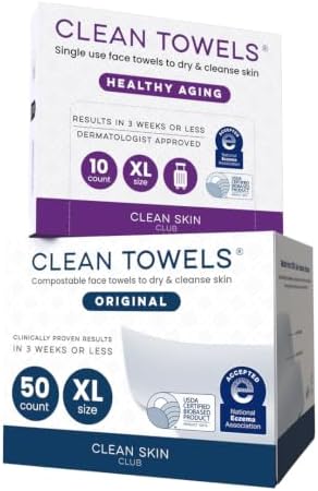 Clean Skin Club Clean Towels XL® Original 50 Ct + Healthy Aging 10ct Travel Pack Duo, 100% USDA Biobased Disposable Face Towels, Makeup Remover Dry Wipes, Ultra Soft, Smooths Fine Lines & Wrinkles by CLEANSKINCLUB