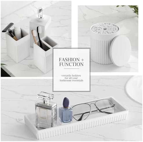 6-Piece White Bathroom Set - Modern Resin Bathroom Accessories Set with Soap Dispenser, Toothbrush Holder, Vanity Tray, Tumbler & Apothecary Jars for Small Spaces - Image 5