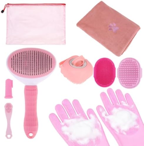 PAWCHIE Bath Grooming Kit for Pets, 9 PCS Hair Brush Set with Towel,Washing Gloves,Bath Brush and Adjustable Handle Shampoo Brush & Scrubber for Short Long Haired Dogs and Cats,Dog Bath Supplies, Pink by PAWCHIE